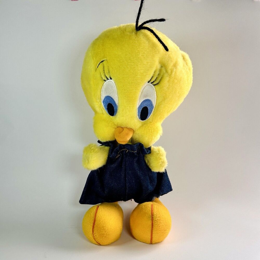 Vintage 1990’s Warner Bros. Studio Store Looney Tunes Tweety Bird Plush In Denim